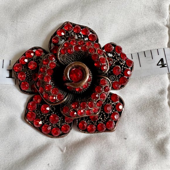 Large Dimensional Siam Red Rhinestone Flower Brooch - Picture 5 of 5